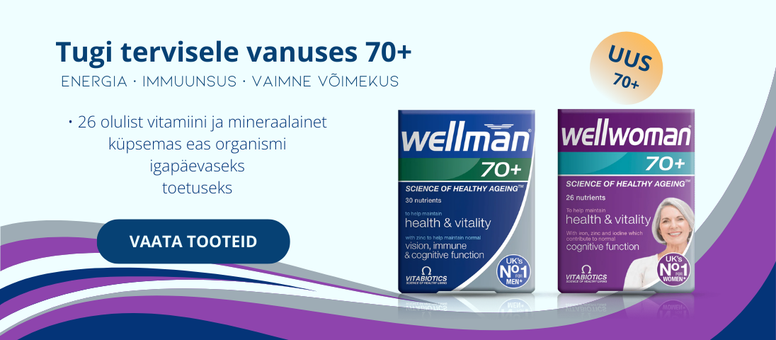 Wellman 70+ ja Wellwoman 70+ vitamiinid &ndash; 26 vitamiini ja mineraalainet energia, immuunsuse ja vaimse v&otilde;imekuse toetamiseks vanuses 70+.