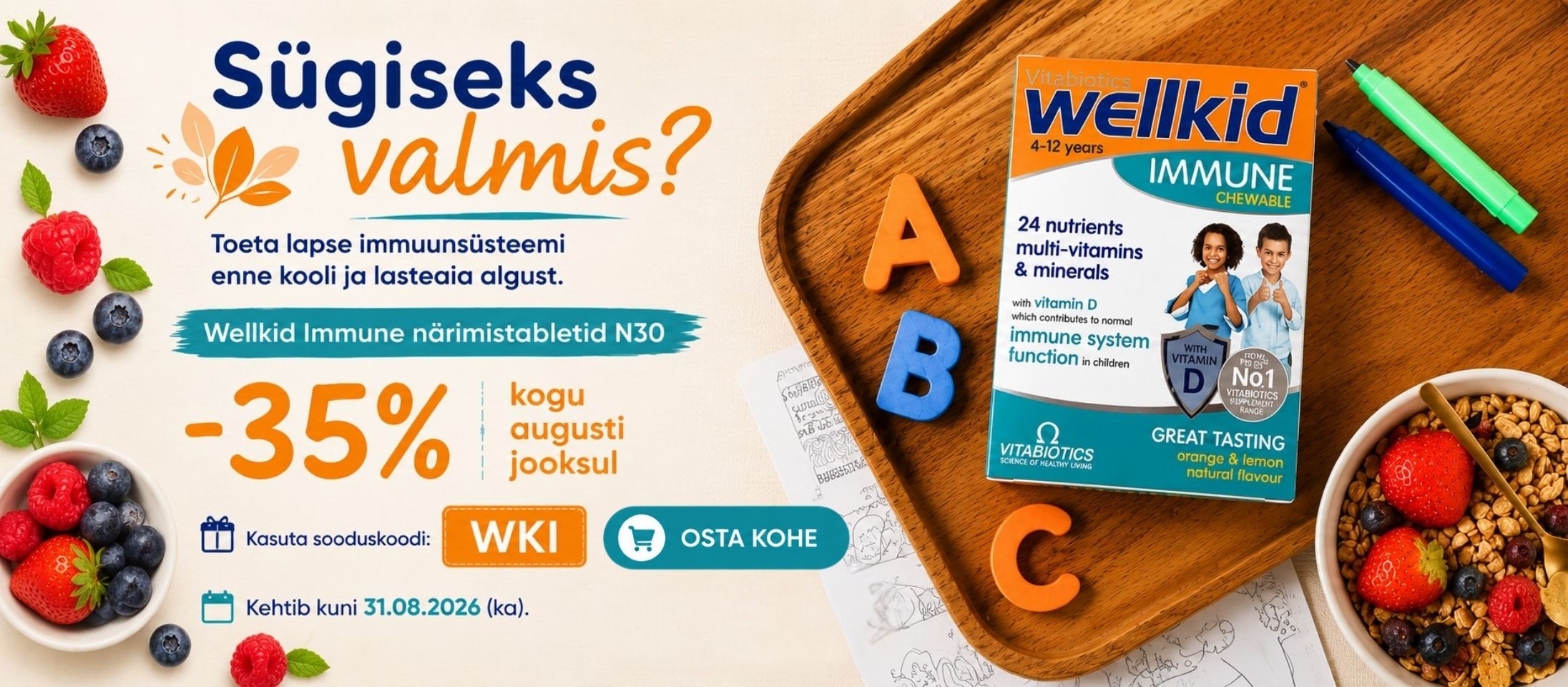 S&uuml;giseks valmis? Wellkid Immune Chewable N30 kampaaniab&auml;nner &ndash;35% kogu augusti, sooduskood WKI.