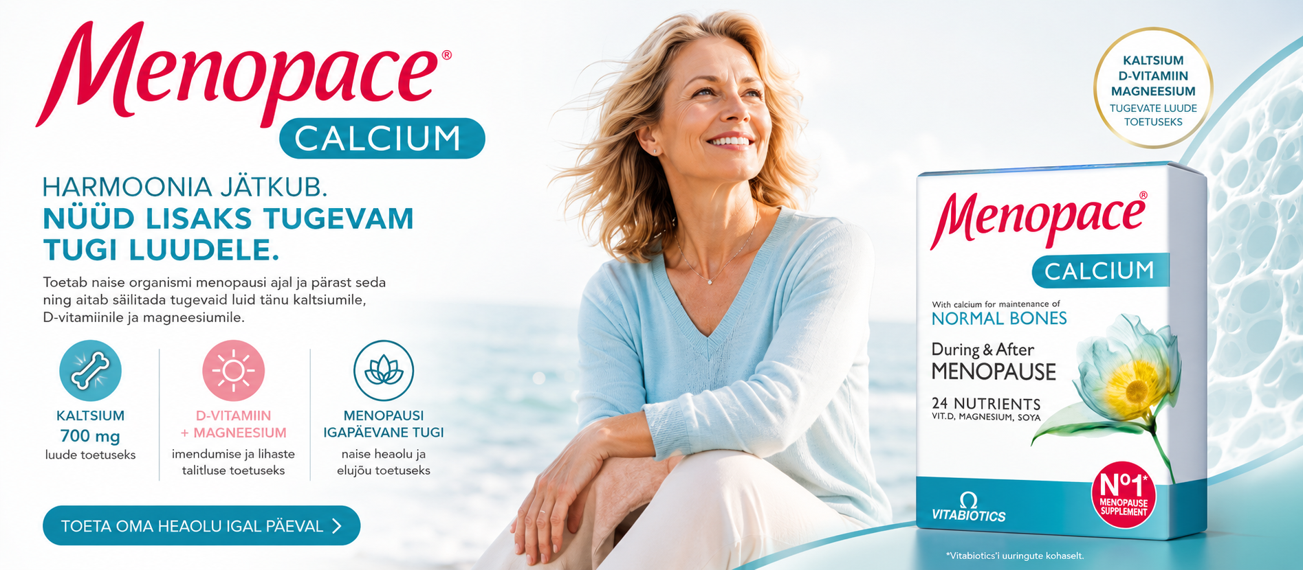 Menopace Calcium toidulisandi b&auml;nner &ndash; menopausi igap&auml;evane tugi koos kaltsiumi, D-vitamiini ja magneesiumiga luude tervise toetamiseks
