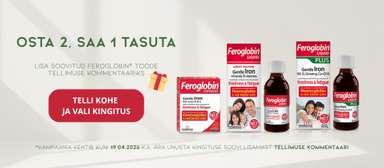 Feroglobin kampaania b&auml;nner: osta 2 toodet ja vali 1 tasuta kingitus 3 Feroglobin toote seast, telli e-poest