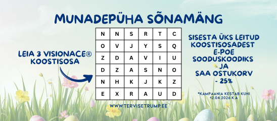 Munadepüha teemaline sõnaotsimismäng lillede ja munadega taustal – leia 3 Visionace® koostisosa ja saa e-poest -25%