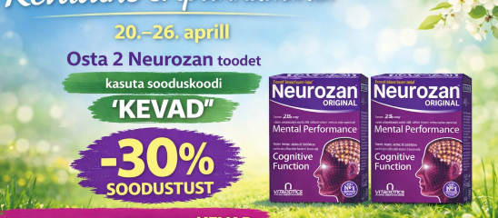 Kevadine reklaamb&auml;nner Neurozan Original tootele: tekst "Kevadine eripakkumine 20.-26.aprill", pakkumine "Osta 2 Neurozan toodet", sooduskood "KEVAD" ja "-30% soodustust!,. Paremal kaks Neurozan Original toodet rohelisel murul &otilde;itsvate puuokste taustal.